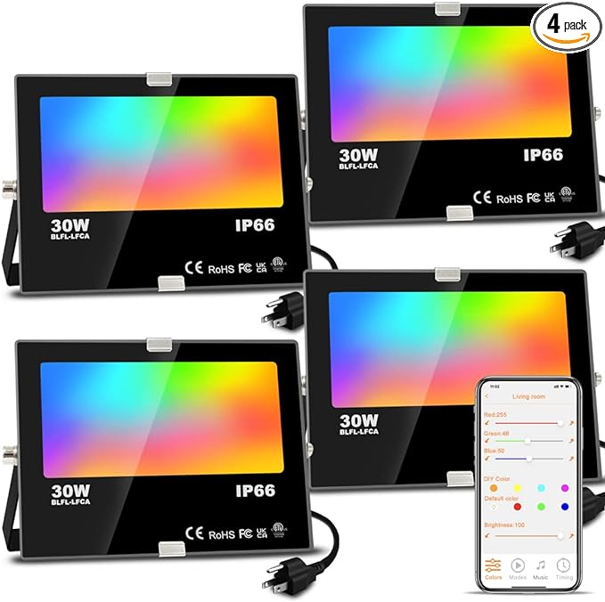 LED Flood Light Outdoor 30W Equivalent 3000LM Smart RGB Landscape Lighting with APP Control DIY Scenes - Timing - 5700K Daylight White -Color Changing Uplight IP66 Waterproof US Plug MELPO(4 Pack)