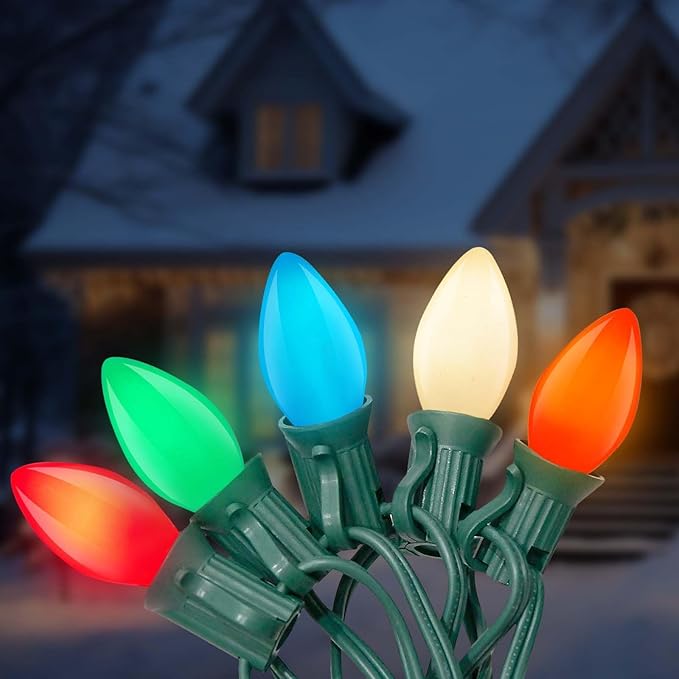 C7 LED Multicolor Christmas Lights 25FT C7 Vintage Christmas Lights with 27 LED Multicolor Glass Bulbs Outdoor String Lights for Xmas Tree Home Yard Patio Decor Green Wire