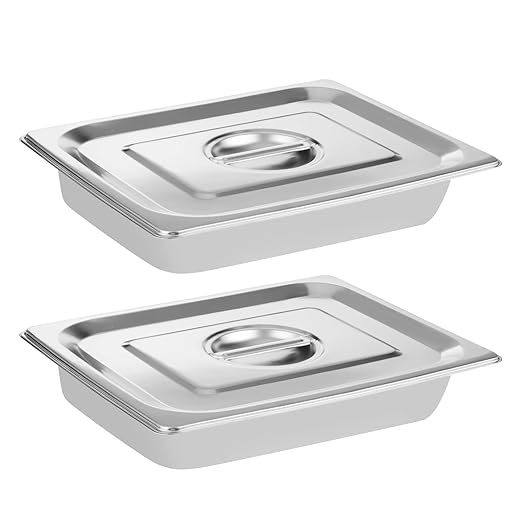 LANIAKEA 2PCS Hotel Pans with Lids Stainless Steel Steam Table Pan Restaurant Supplies 1/2 Size x 2.5 inch Deep Stainless Steam Table Pans Hotel Pan Trays for Food