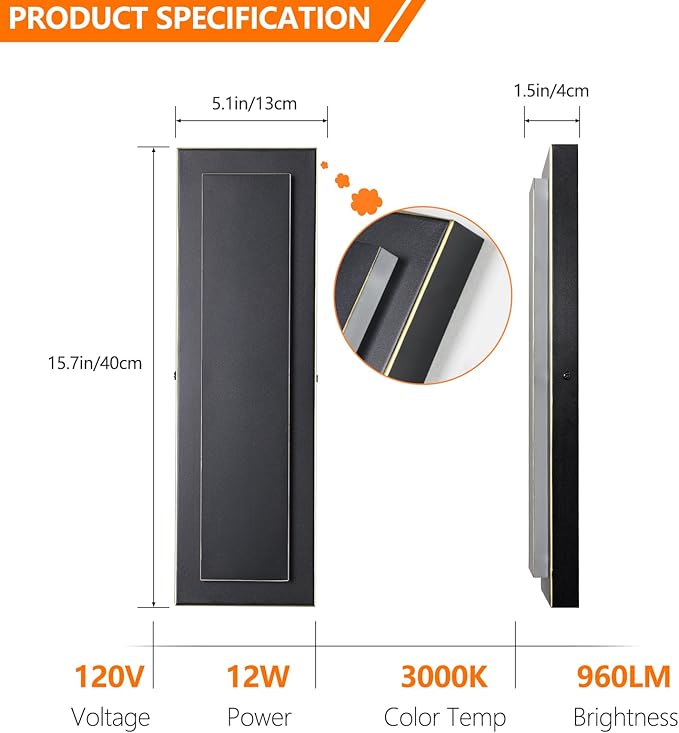 tewei 2 Pack LED Outdoor Wall Lights 15.7'' Modern Outdoor Indoor Wall Sconce Large Exterior Lighting Fixtures Outside Front Door Lights for House Hallway Warm White 3000K Black with Gold Finish