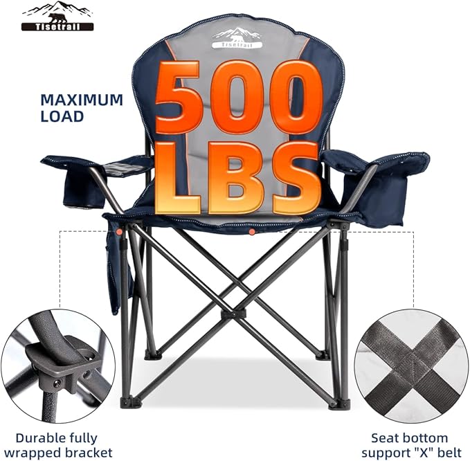 Oversized Camping Chairs with Cooler Bag &amp Cup Holder - Set of 2 Heavy-Duty 500lbs Folding Chairs (Steel Frame Padded Seat Blue &amp Gray)