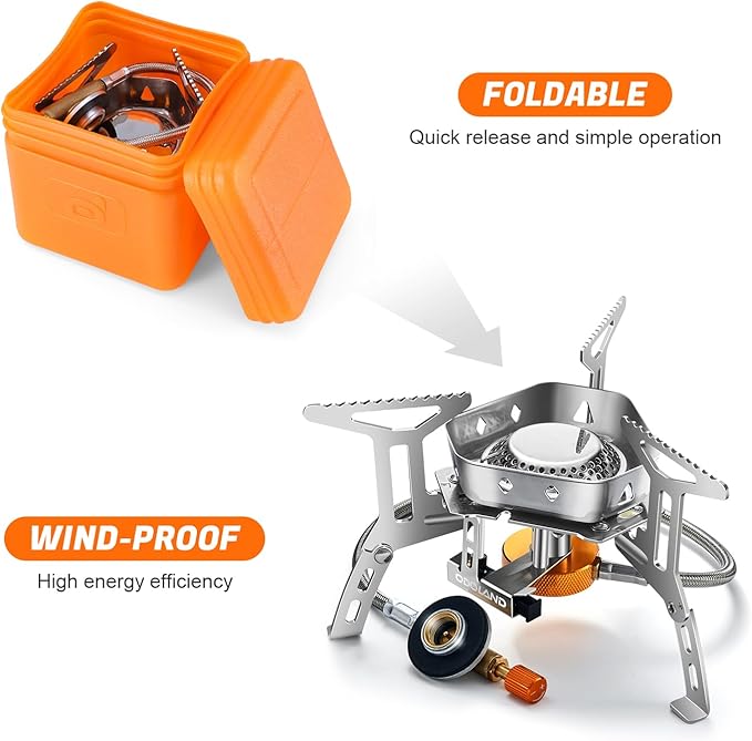 Odoland 3500W/6800W Windproof Camp Stove Camping Gas Stove with Fuel Canister Adapter Piezo Ignition Carry Case Portable Collapsible Stove Burner for Outdoor Backpacking Hiking and Picnic