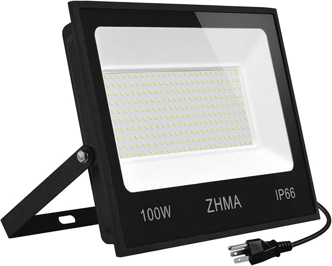 100W Flood Lights Outdoor9000LM LED Work Light with Plug and Switch-IP66 Waterproof Bright Security Lights-6500K White Lightfor YardGardenPlaygroundBackyardGarageLawn