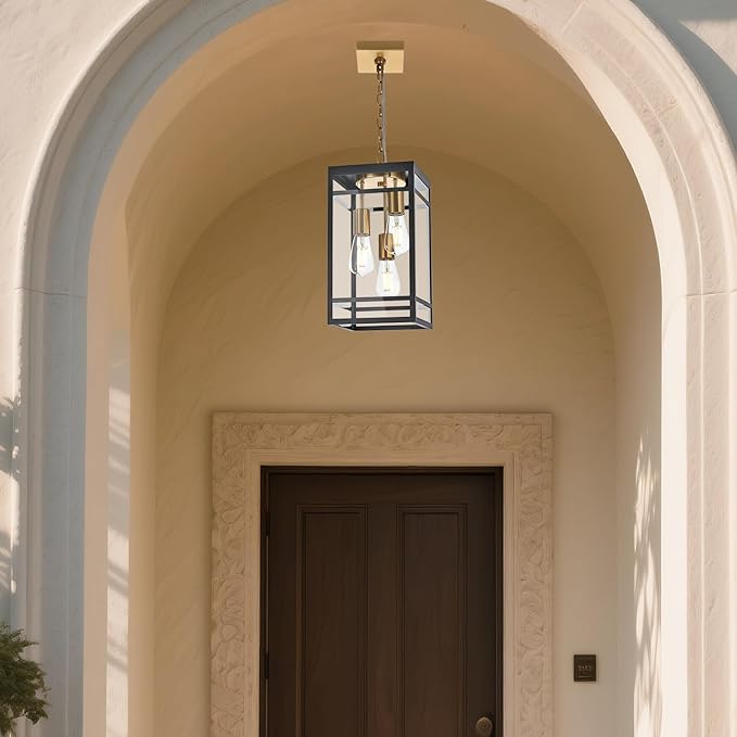 3-Light Outdoor Pendant Lights for Porch Black &amp Brushed Brass Outdoor Chandelier 16'' Exterior Hanging Porch Light Fixtures w/Clear Glass Waterproof Outside Pendant Lantern for Garage