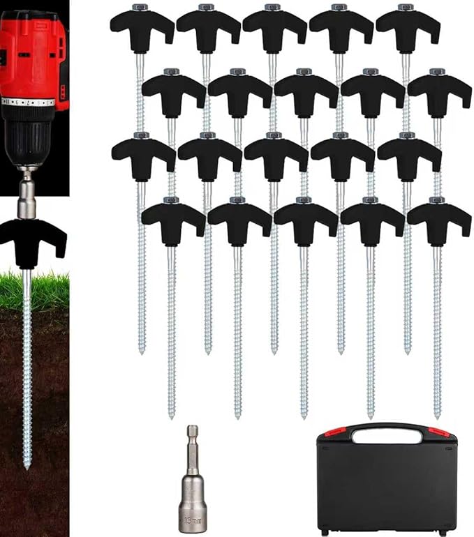 20 Pack Screw in Tent Stakes Heavy Duty8 ’’ Ground Anchors Screw inMetal Stakes with Hex Head Driver and Sturdy Storage Box. (20 Black)