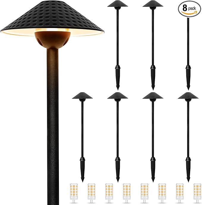 Gardencoin Low Voltage Pathway Lights (6.69'' Shade 21.54'' Tall) 12V Outdoor LED Landscape Pathway Lighting Aluminum Vintage Hammered Path Lights with 4W 2700K Replaceable Bulb 8 Pack