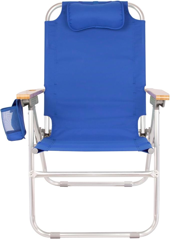 Heavy Duty Tall Beach Chair for Adults 17 High Off Ground 4-Position Reclining Insulated Cooler &amp Storage Pouch Bamboo-Finish Arms 300 lb Capacity