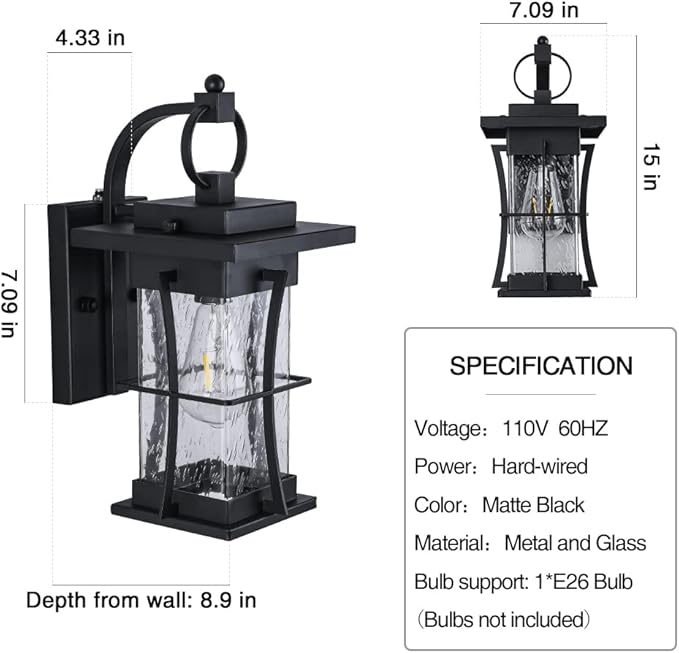 Outdoor Lighting Fixtures Wall Mount 1-Light 15''H Dusk to Dawn Exterior Light for House Outdoor Wall Lantern with Clear Glass for Front Porch Patio Garage (15'' H with Photocell 1 PC)