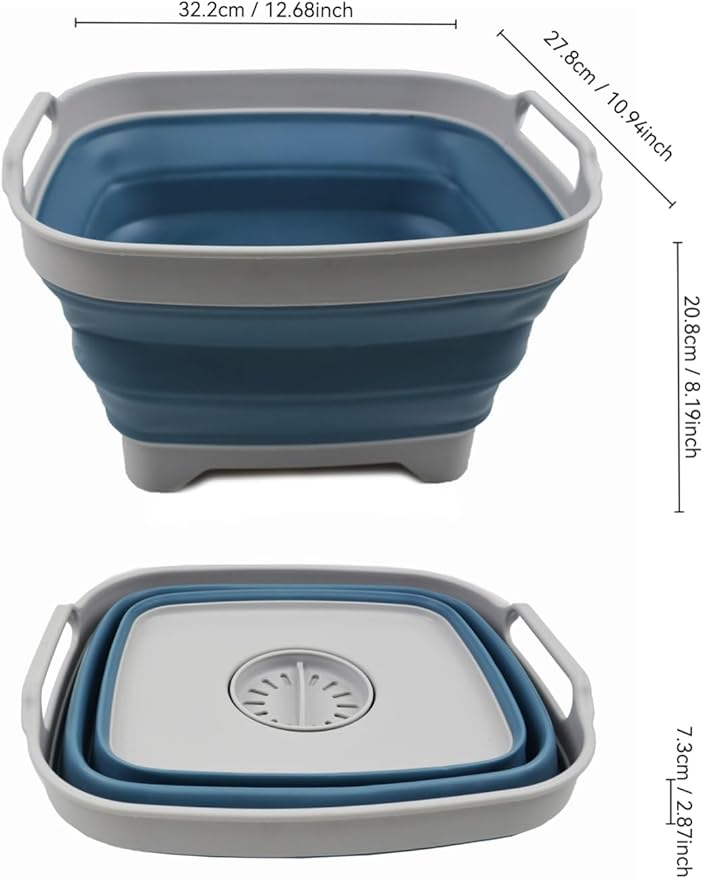 SAMMART 7.5L (2 Gallons) Collapsible Dishpan with Draining Plug - Foldable Washing Basin - Portable Dish Washing Tub - Space Saving y (Grey/Steel Blue (Set of 2) 2)