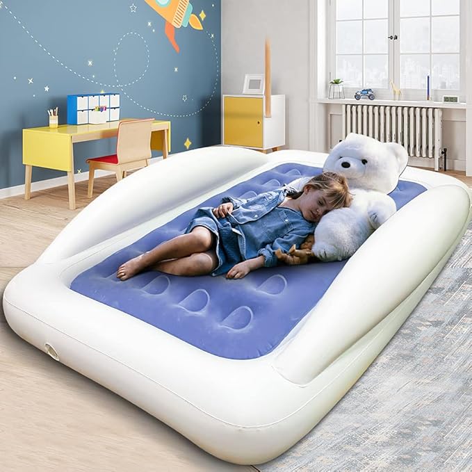 Inflatable Kids Travel Bed Toddler Air Mattress SetPortable Blow Up Mattress Sleeping Bed Cot with Bed Rails and Electric Pump Ideal for Road Trip