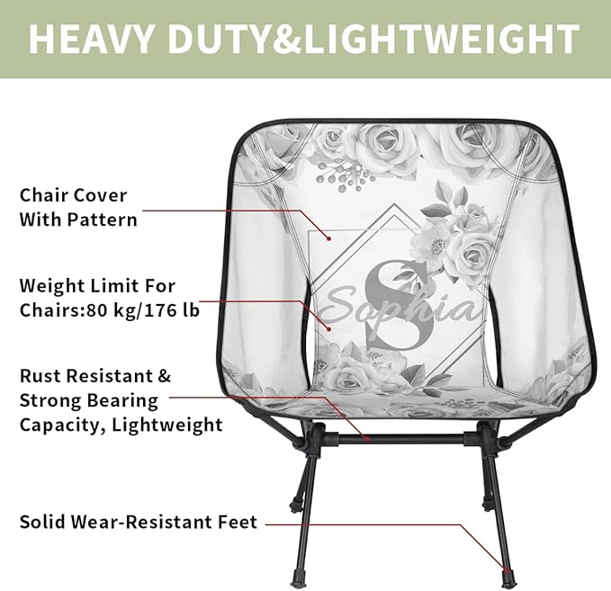 Camping Chair Personalized Backpacking Chair Lightweight Portable Folding Customized Name Chairs for Beach Sport Hiking (Light Gray)