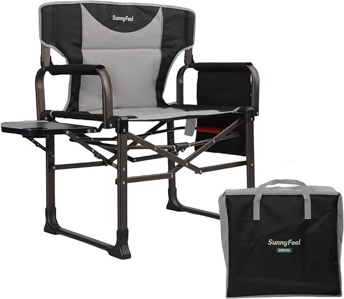 SUNNYFEEL Oversized Camping Directors Chair Black Portable Folding Chair for Adults Support 600lbs with Side Pocket and Side Table for Beach Fishing Trip Picnic Lawn Outdoor Foldable Camp Chairs