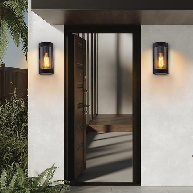Cerdeco Black Outdoor Wall LightsCylinder Aluminum Porch Light with Transparent GlassModern Outdoor Wall Sconces2 Pack