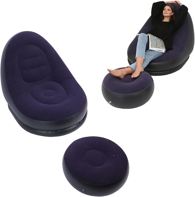 POCREATION Portable Inflatable Sofa Chair for Camping - Flocking PVC Foldable Lounge with Footrest Outdoor Indoor Use White/Blue
