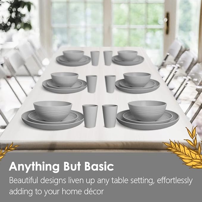 Teivio 32-Piece Kitchen Plastic Wheat Straw Dinnerware Set Service for 8 Dinner Plates Dessert Plate Cereal Bowls Cups Unbreakable Colorful Plastic Outdoor Camping Dishes Grey