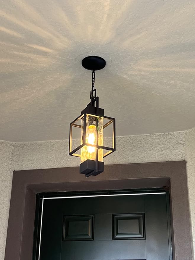 15 Outdoor Indoor Pendant Light Exterior Hanging Lantern Modern Black Metal Outside Chandelier Light Fixture Ceiling Mount with Water Glass for Front Porch Entrance Foyer Entryway (Bulb Included)