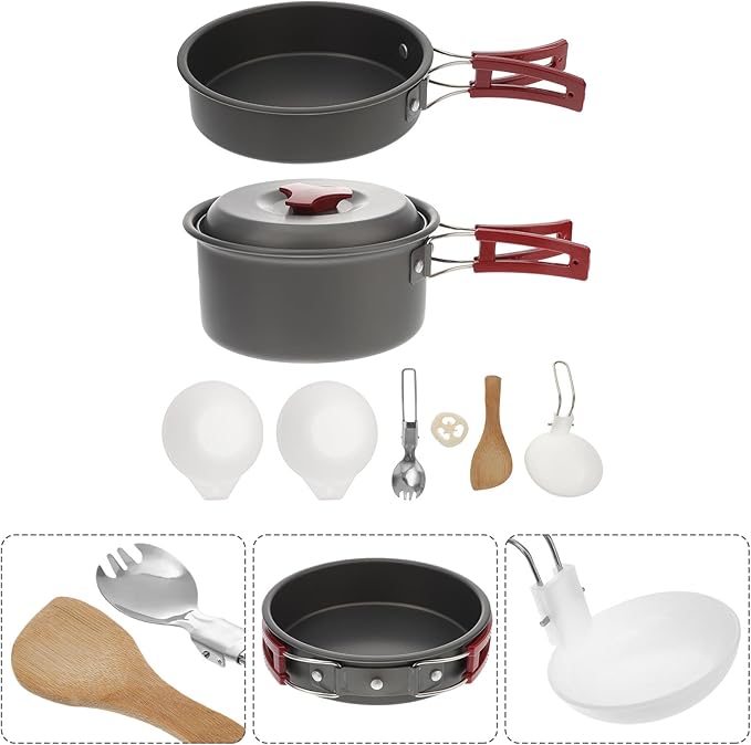 Yardwe Camping Cookware Set for 1-2 People Red Portable Outdoor Aluminum Pot Pan Bowl Combo Lightweight Hiking Picnic Cook Set for Camping and Travel