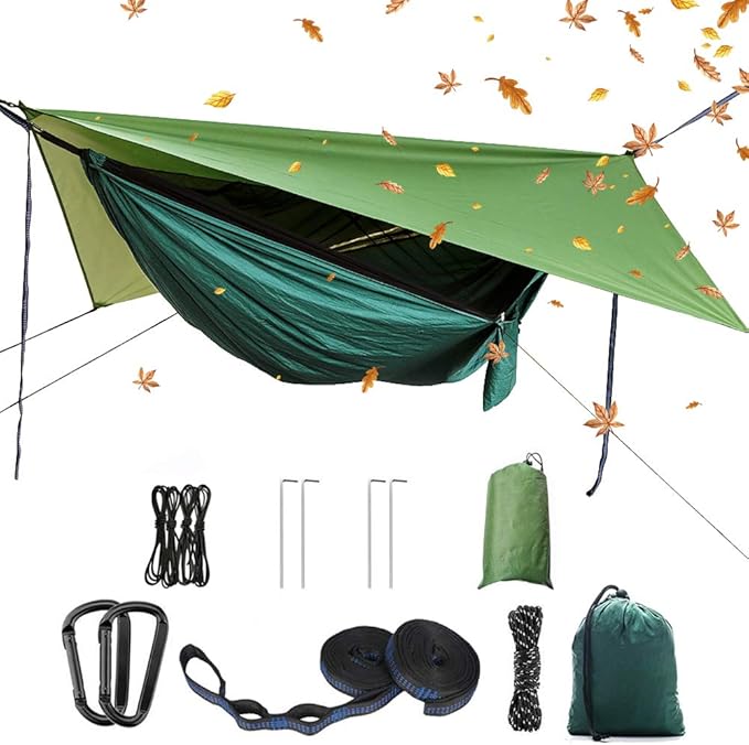 Portable Single Double Nylon High Strength Parachute Hammock Rainfly Set Camping Hammock with Rain Fly Tarp and Mosquito Net Tent Tree Straps Backpacking Hiking Travel Yard Outdoor Activities