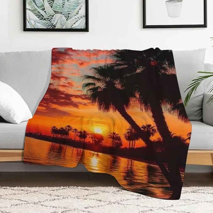Sunset Palm Trees Water Flannel Blanket Soft Cozy Multifunctional Blanket for Sofa Travel Camping All Season Use 40x50in
