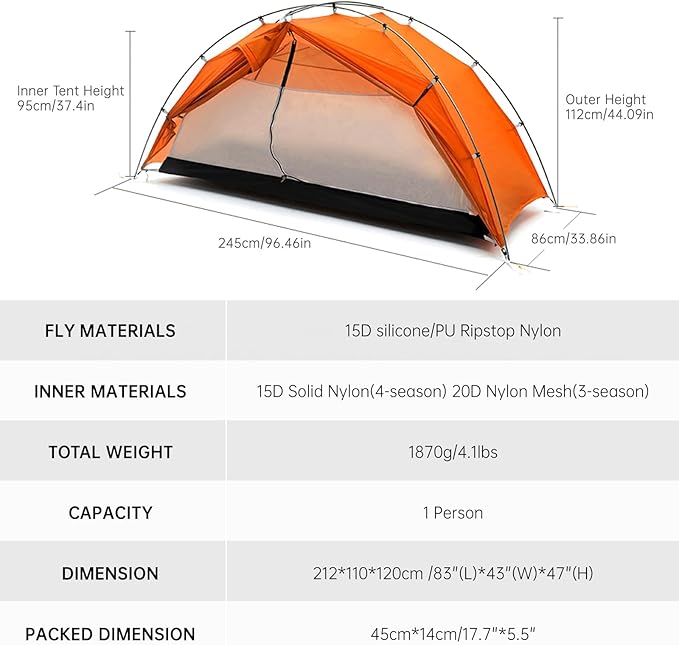 Taiji 1 Ultralight 3/4 Season Camping Tent 1 Person Backpacking Tent Easy Setup Instant 5000mm Waterproof Small Dome Tents for One Man Hiking Mountain