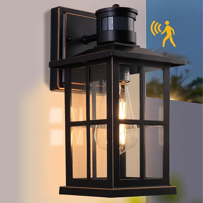Outdoor Motion Sensor Light Black Exterior Wall Lighting FixturesDusk to Dawn Motion Sensor Outdoor Lights Waterproof Front Porch Light Lantern for Garage Patio. (Black 1 Pack)
