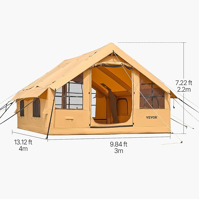 VEVOR Inflatable Tents for Camping Easy Setup Blow up Tent with Hand Pump 4 Season Glamping Tent with Stove Jack Doors &amp Mesh Windows Storage Bag Included for Easy Taking