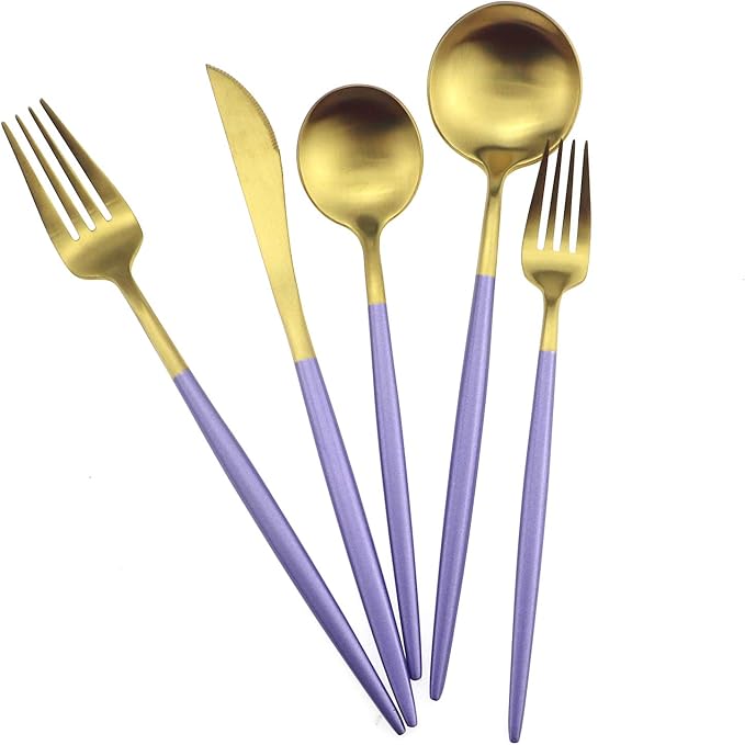 Gugrida Royal 20 Piece Matte Purple Handle 18/10 Stainless Steel Tableware Sets for 4 Including Forks Spoons Knives Camping Silverware Travel Utensils Set Cutlery