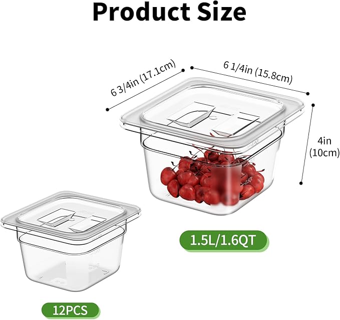 1/6 4'' 12 Pack Plastic Food Pans With Lids Clear Food Pan Commercial Stackable Polycarbonate Freezer-Safe for Fruits Vegetables Restaurant Kitchen
