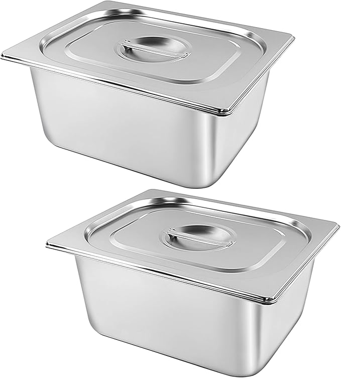 2 Pack 1/2 Size Stainless Steel Steam Table Pans with Lid Anti Clogging Anti Rust for Hotel Buffet