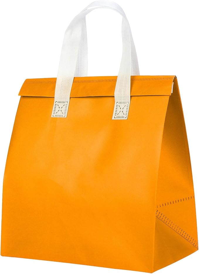 PATIKIL Insulated Take Away Bags 25 Pcs Insulation Cooler Bag Grocery Thermal Bags 11.8 x 7.9 x 12.6 Inch for Hot Cold Frozen Food Delivery Orange