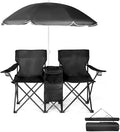 Double Camping Chair with Removable UmbrellaFolding Two-Person Seat Beach Chairs with Cup Holder Cooler BagFolding Camping Loveseat Chairs for Sports Lawn Patio Outside (Black)