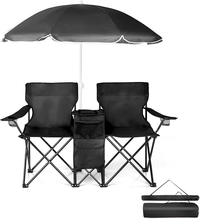 Double Folding Camping Chair W/Umbrella Fold Up Table Beverage Holder Carrying Bag Cooler for Patio Pool Park Outdoor Beach Picnic Portable (Black)