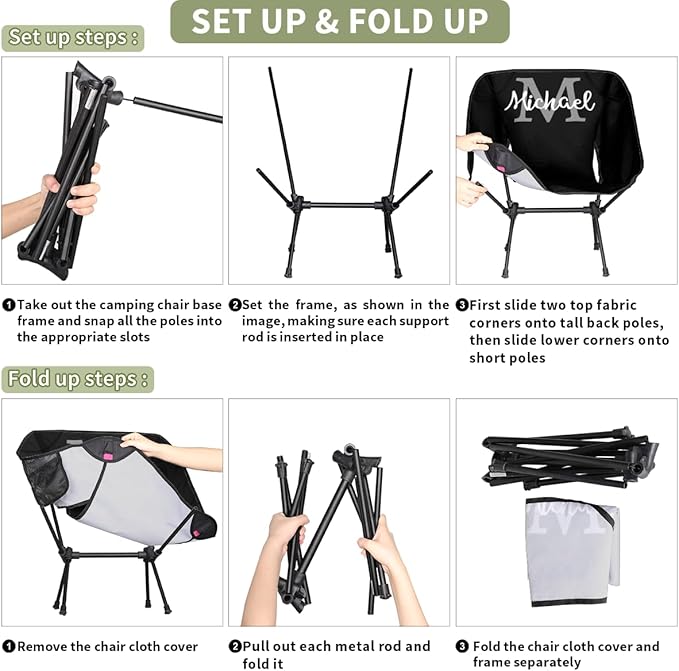 Custom Black Portable Camping Chair Personalized Backpacking Chair with Name Lightweight Foldable Chairs for Hiking Beach