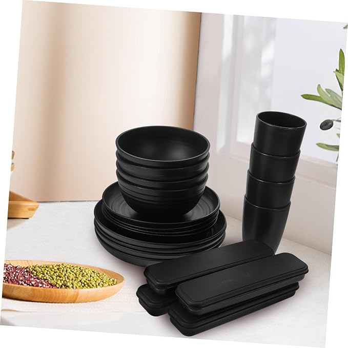 4sets Black Camping Picnic Utensil Bowl Plate Cup Cutlery Case Modern Portable Dinnerware for Outdoor