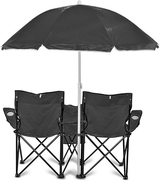 GoTEAM! Portable 2-Seat Folding Camp Chair with Cooler Umbrella &amp Cup Holders – Outdoor Picnic Beach or Tailgate Seating – Carry Case Included