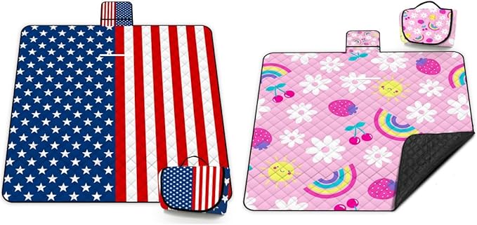 Poedist Large Waterproof Picnic Blanket 80 x 80 Set of Two Picnic Mats Pink Flowers and Flag