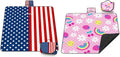 Poedist Large Waterproof Picnic Blanket 80 x 80 Set of Two Picnic Mats Pink Flowers and Flag