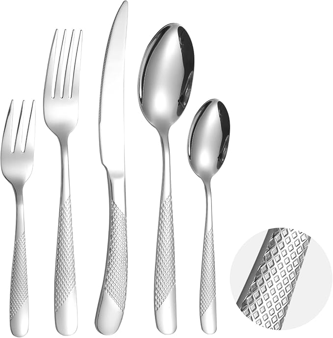 Modern Silverware Hammered 20 Piece Stainless Steel Flatware Set for 4 include Forks Spoons Kinves Kitchen Eating Utensils Mirror Polished Durable Festival Parties and Everyday Use