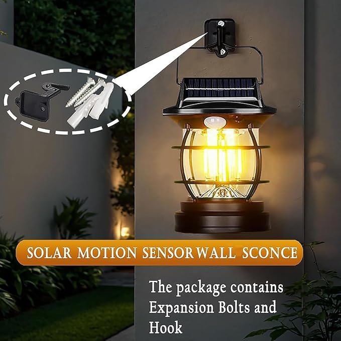 [1200lm] 2 Pack Motion Sensor Solar Lanterns Outdoor Lighting Fixtures Portable Camping Exterior Front Porch Waterproof Black Wall Sconce Lamp Rechargeable Anti Rust Coach for House Doorway Garage