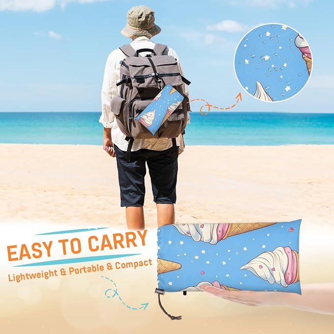 Waterproof Sandproof Beach Blanket 59''×68'' Snowflake Ice Cream Polyester Outdoor Picnic Blanket with 4 Stakes &amp Storage Bag for BeachCampingVacation Blue