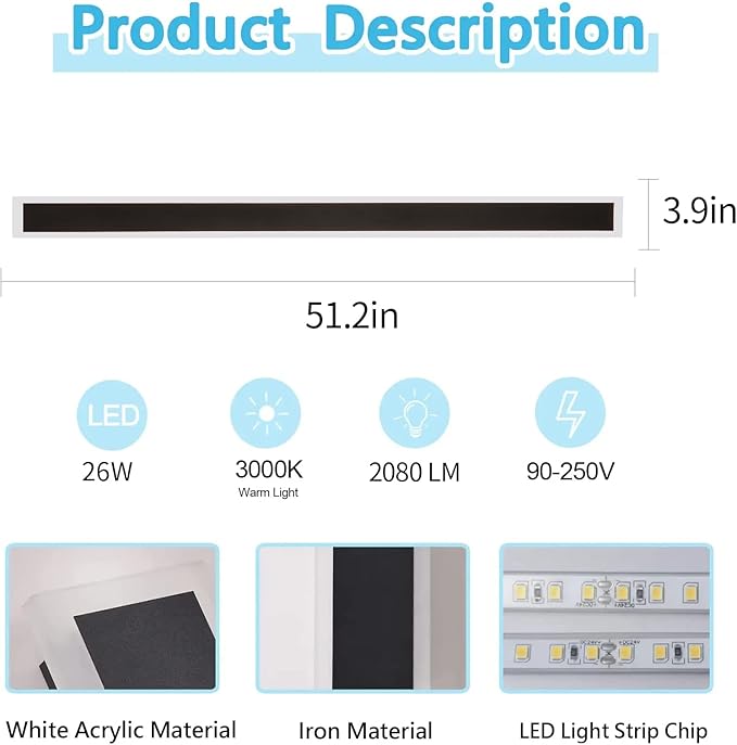 Modern Outdoor LightsLed 26W Porch Sconce 3000-6000K 51.2in Frosted White Acrylic Exterior Light Fixture Watetproof Suitable for PatioGarage Entry House