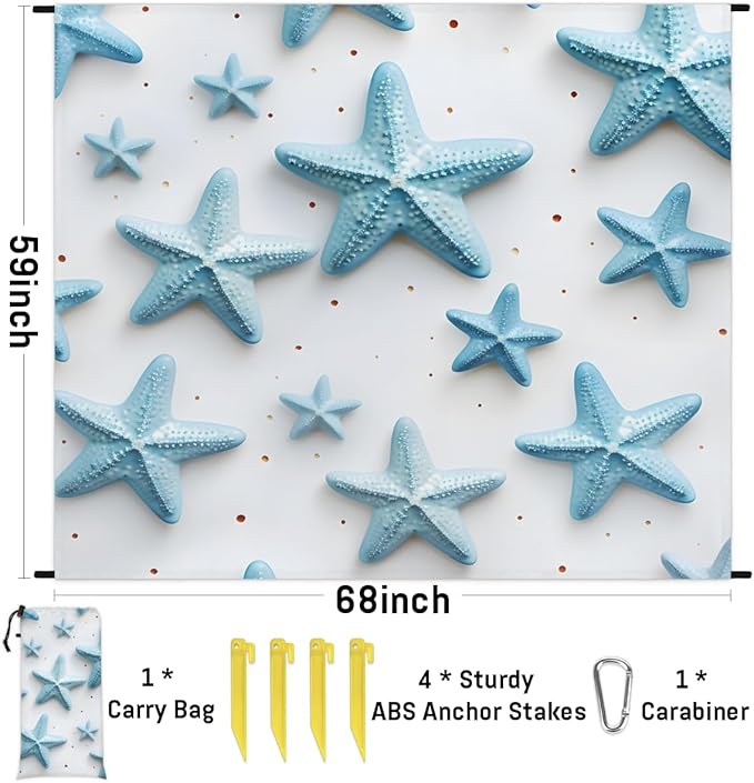 Waterproof Sandproof Beach Blanket 59''×68'' Starfish Polyester Outdoor Picnic Blanket with 4 Stakes &amp Storage Bag for BeachCampingVacation Light Blue