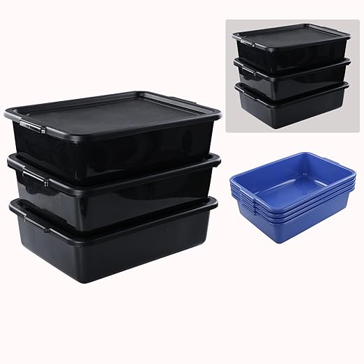 3-Pack Plastic Bus Box with Lid Commercial Bus Tubs 13 L Black