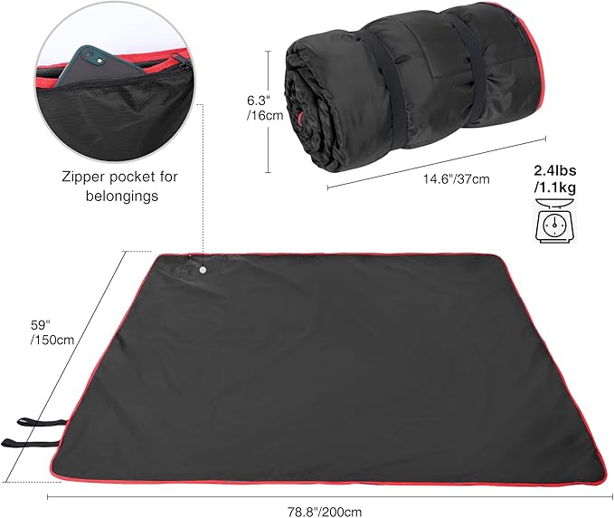 REDCAMP Large Waterproof Stadium Blanket for Cold Weather Soft Warm Fleece Camping Blanket Windproof for Outdoor Sports Blue/Red (Outer Black/Inner Black)