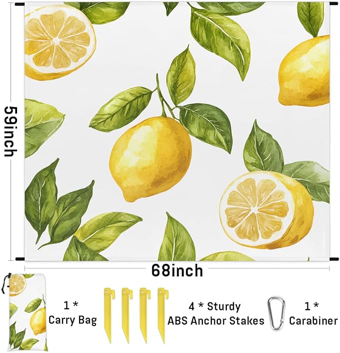 Waterproof Sandproof Beach Blanket 59''×68'' Sweet Lemon Polyester Outdoor Picnic Blanket with 4 Stakes &amp Storage Bag for BeachCampingVacation White