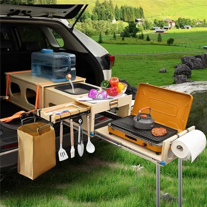 SHIWAGIN Overland Kitchen Slide-Out System All-in-One Camp Kitchen Box with Sink Chopping and Cooking Features Folding Camping Table for SUV Overlanding &amp Car Camping Quick 1-Minute Setup