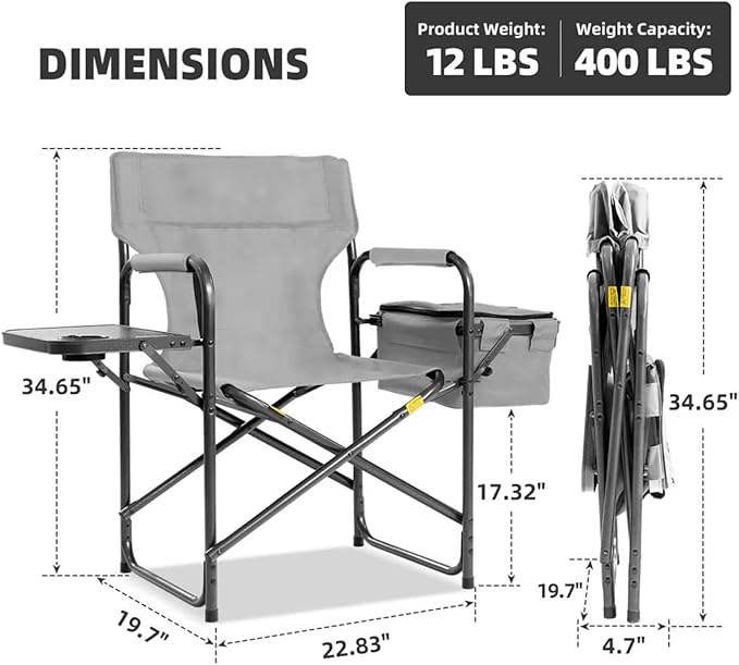 MAXDAR Portable Heavy-Duty Camping Chair with Cooler Bag Side Table &amp Cup Holder – 300 LBS Capacity Foldable Director’s Chair for Outdoor Fishing Picnic &amp Tailgating