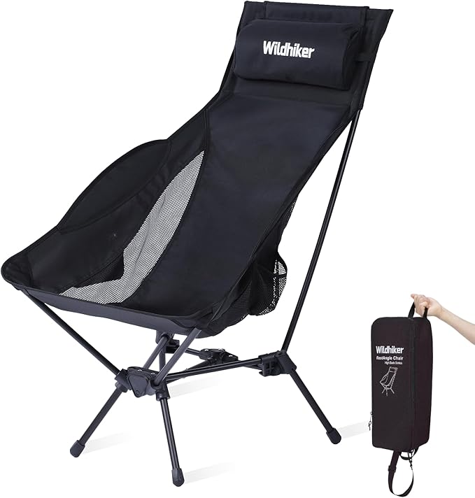Wildhiker Portable Compact Folding Camping Chairs – Lightweight High Back with Pillow Deep Recline ArmPads Side Pockets-for Motorcycle RV Backpacking Travel Festival – Black
