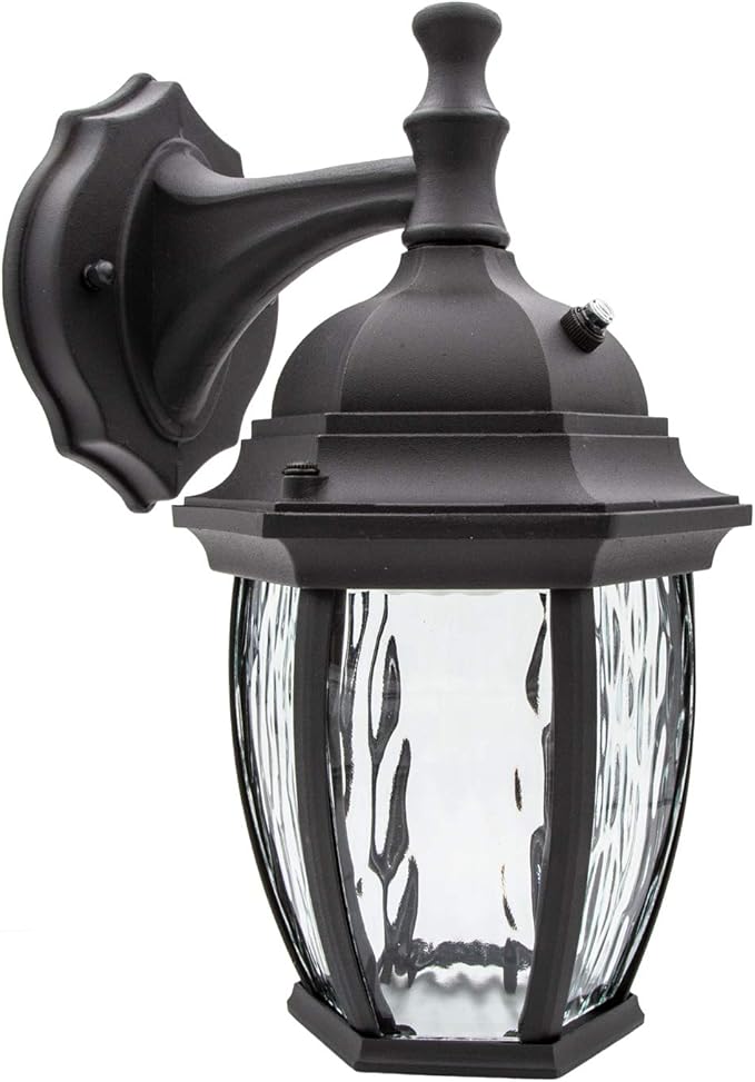 Maxxima LED Outdoor Wall Light - Features Clear Water Glass 3000K Warm White 580 Lumens Dusk to Dawn Photocell Light Sensor Patio or Porch Sconce Fixture Ideal for Exterior Decor Lighting - Black