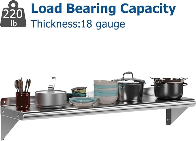DEXSO Stainless Steel Wall Shelves 48 x 12 NSF Metal Floating Shelf Wall Mount with Triangular Structure &amp 18 Gauge Thickness for Kitchen Restaurant Garage